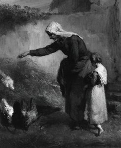 ニワトリに餌をやる女性、184648。 作： Jean Francois Millet
