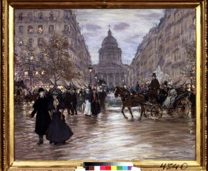 ""Boulevard Saint Michel"" パリのリュクサンブール公園とサン ミッシェル大通りから見たスフロ通りとパンテオンの眺め、夕暮れ時にはタクシーとエレガントなカップルが通りを活気づけます。 ジャン・フランソワ・ラファエリの絵画 (18) 作： Jean Francois Raffaelli