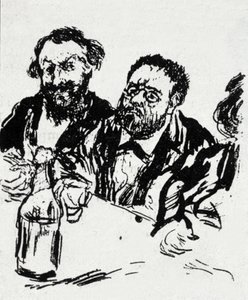 食卓を囲む画家エドゥアール・マネ（1832-1883）と作家エミール・ゾラ（1840-1902） ジャン・フランソワ・ラファエリ（1850-1924）の風刺画 作： Jean Francois Raffaelli