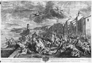 シモン・トマシン（1655-1733）が彫った1720年のマルセイユのペスト（1727年）（エングレービング）（白黒写真 作： Jean Francois de (after) Troy