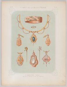 ゴールドとローズゴールドのジュエリーデザイン、1879年。