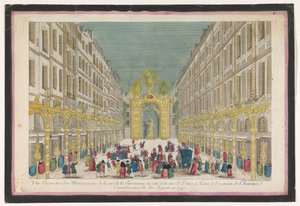 1745 年にフランス王ルイ 15 世が修復された際のパリのフェロンネリ通りの装飾の眺め パリのサン ドニ通りのコート (...) (タイトルは o のタイトル)