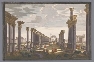 西側から見たパルミラの柱廊のアーチの遺跡の眺め 12日。 Les Ruines du grand Temple de Palmire du côté de l
