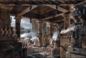建築ファンタジー - エジプトの寺院の内部ビュー、1803 作： Jean François Thomas de Thomon