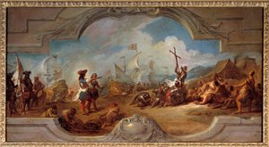 アメリカのクリストファー・コロンブス（天井の絵画プロジェクト）。1492.ジャン・フランソワ・ドゥ・トロイ（1679-1752）の絵画 作： Jean François de Troy