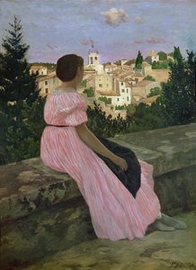 ピンクのドレス、またはカステルノールレの眺め、エロー、1864 作： Jean Frederic Bazille