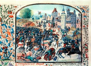 1346年、スコットランド王デイヴィッド2世率いるイングランド軍とスコットランド軍によるネヴィルズクロスの戦い。