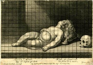 Jean Ganière - クッションに頭を乗せて眠る子供、右側に頭蓋骨。1640 作： ジャン・ガニエール