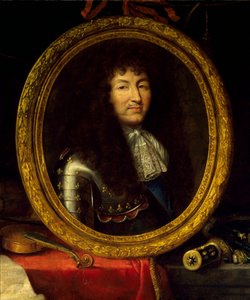 ルイ14世の肖像 フランス王（1638-1715）、芸術と科学の保護者 王の肖像は、楽器（ヴィオラ・ド・ガンバ、ヴァイオリン・ギター）と科学機器（角、天球儀、コンパス）に囲まれています。詳細絵画担当