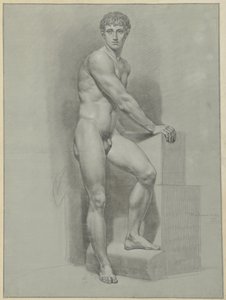 立っている裸の男性、腕をブロックに乗せる 作： Jean Grandjean