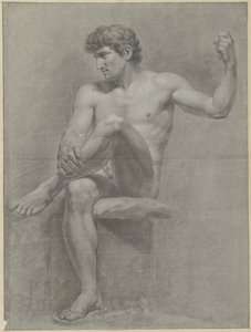 座っている男性の裸体、左足を右膝に乗せている