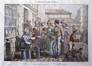 パリの街角の昔のメティエ。La la laitiere du marche Saint Martin (サン・マルタン) - Jean Henry Marlet (1771-1847)によるエングレーヴィング、"Les Tableaux de Paris"(19世紀末、72枚組)の中の一枚。