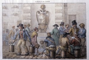 パリの旧街道のメティエ：噴水の前で水を運ぶ人。ジャン・アンリ・マルレ（1771-1847）の版画、「Les Tableaux de Paris」（72枚組）、19世紀後半。 作： Jean Henri Marlet