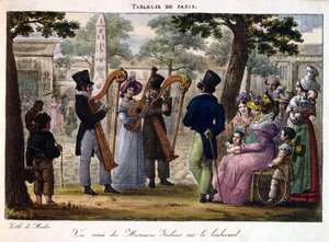 パリの大通りで演奏するイタリアのミュージシャン、1820年頃の「タブロードパリ」 作： Jean Henri Marlet