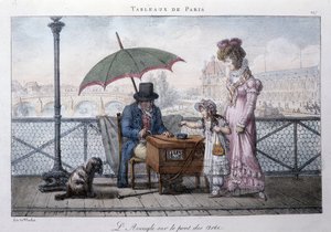 パリの古い街並み：芸術の橋の上の盲目の乞食。ジャン・アンリ・マルレ（1771-1847）による版画。"Les Tableaux de Paris "と呼ばれる72枚の連作で、19世紀後半に制作された。