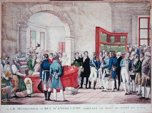 アングレーム公爵ルイ=アントワーヌ・ダルトワ（1775-1844）のパリの「ピエテの丘」訪問、1820年頃（カラーリトグラフ