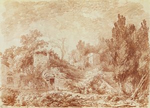 チボリの近くの古代劇場、ハドリアヌス帝の別荘（紙に赤いチョーク） 作： Jean Honore Fragonard