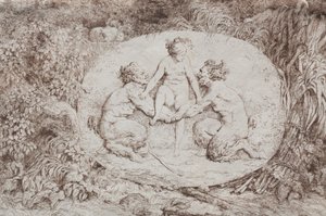Bacchanale: 二人のサテュロスに支えられたニンフ 作： Jean Honore Fragonard