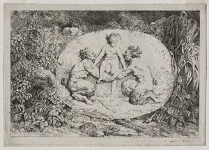 Bacchanale: 二人のサテュロスに支えられたニンフ 作： Jean Honore Fragonard