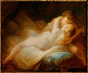 エロティカ：「一瞬の欲望」または「幸せな恋人たち」 ベッドでキスをするカップル。ジャン・オノレ・フラゴナール（1732-1806）の絵画 18世紀個人蔵