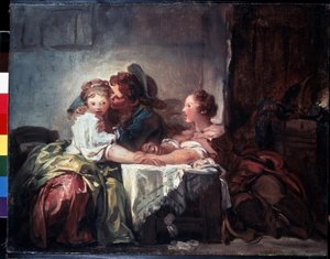 「失われた杭またはキスが勝つ」（捕らえられたキス）ジャン・オノレ・フラゴナール（1732-1806）による絵画Dim. 47 x 60 cmエルミタージュ美術館、サンクトペテルブルク 作： Jean Honore Fragonard