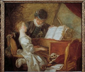 La lecon de musique ジャン＝ホノレ・フラゴナール（1732-1806）の絵画。日です。1,09×1,21m。 作： Jean Honore Fragonard