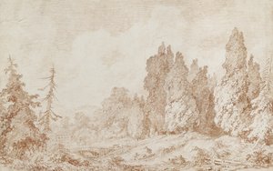 橋のある風景、1760年頃（オフホワイトの紙に赤いチョーク） 作： Jean Honore Fragonard
