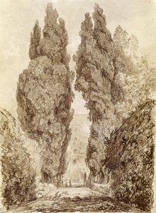 ヴィラデステの大きな糸杉（紙に赤いチョーク） 作： Jean Honore Fragonard