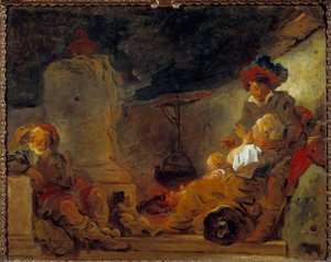 乞食の夢という夜の情景 ジャン・オノレ・フラゴナール（1732-1806）の絵画 18世紀 日0.74×0.99メートル