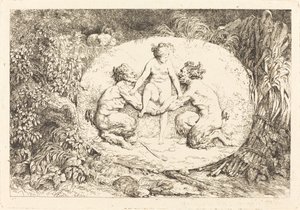 二人のサテュロスに支えられたニンフ 作： Jean Honore Fragonard
