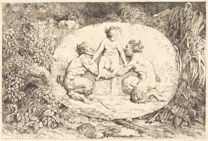 二人のサテュロスに支えられたニンフ 作： Jean Honore Fragonard