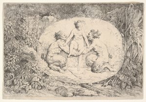 2 人のサテュロスに支えられたニンフ、1763 年。 作： Jean Honore Fragonard