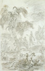 ルッジェーロがアルチーナの宮殿の入り口に到着（ペンとインク、チョーク、紙の上で洗う） 作： Jean Honore Fragonard