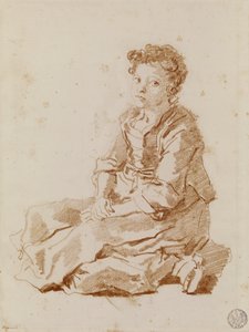 地面に座っている小さな女の子（紙に赤いチョーク） 作： Jean Honore Fragonard