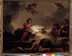 羊飼いの賛美 ジャン＝オノレ・フラゴナール（1732-1806）の絵画。18世紀の作品。縮小。0.73×0.93メートル。 作： Jean Honore Fragonard