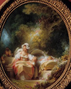 良き母 庭園で子供たちに囲まれる若い母親。ジャン・オノレ・フラゴナール（1732-1806）の作品