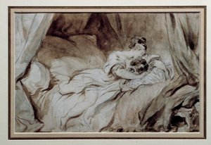 幸せな瞬間 ベッドの上でお互いをなであうカップル。ジャン・オノレ・フラゴナール（1732-1806）の「ビストロ・ウォッシュ」のドローイング 18世紀 個人蔵 作： Jean Honore Fragonard