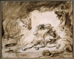 馬小屋 干し草の上で抱き合うカップル。ジャン・オノレ・フラゴナール（1732-1806）による水彩画 パリMusee Cognacq Jay 作： Jean Honore Fragonard