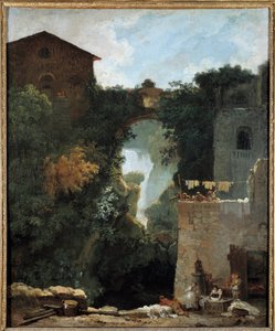 チボリの滝 Des lavandieres の滝のある風景。ジャン＝オノレ・フラゴナール（1732-1806）の絵画 18世紀 日0,72x0,6 m。 作： Jean Honore Fragonard