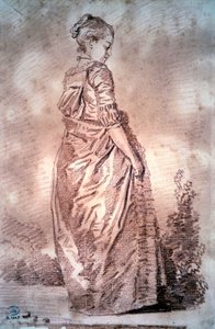 ジャン・オノレ・フラゴナールの血を描いて歩く若い女性 作： Jean Honore Fragonard