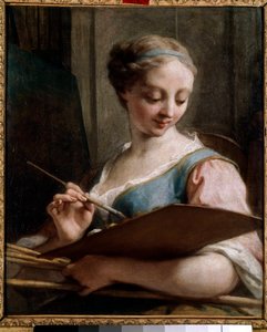 絵画のアレゴリー パレットを持つ若い女性。ジャン・レストゥ（1692-1768）の絵画 18世紀 日0.54x0.45 m サンカンタン、ルクイエ美術館 作： Jean II Restout