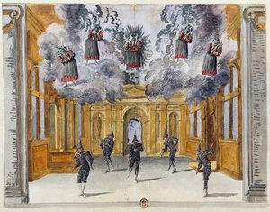 11月15日にパリのパレ・ロワイヤルで上演されたジャン＝バタン・ジ・エルダー（1640-1711）によるジャン＝バティスト・リュリ（1632-1687）のバレエ「愛とバッコスの祭典」の舞台装置。