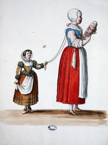 二人の若い娘」ルイ14世の祝宴のための舞台衣装デザイン（水彩・紙 作： Jean I  Berain
