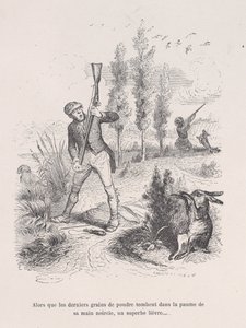 最後の火薬の粒が黒くなった手のひらに落ちると、見事なウサギが......fr......、1843年。 作： Jean Ignace Isidore Gérard