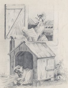 犬小屋の犬、窓辺で鳴く雄鶏、カリフォルニア州。 1842年。