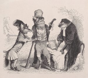 猿の前でキツネに訴えるオオカミ, ca. 1838年。