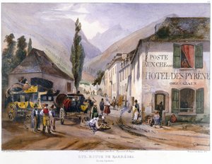 1840年頃、バレジェへの道のルスにある駅馬車の到着と修理 作： Jean Jacottet