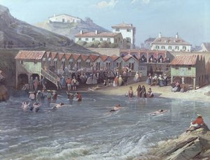 ビアリッツの旧港での海水泳の始まり、17585年のキャンバスのディテールに油彩 作： Jean Jacques Alban de Lesgallery