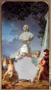 学術的なヨーロッパ フランスの栄光をアレゴリー的に表現した作品で、ルイ16世（1754-1793）の胸像を中心に、フランス領地の地図、雄鶏、天使の紋章、芸術・科学のシンボルが描かれています。ジャン・ジャック・バシェリエ（1724-1806）による絵画 1762年 ヴェルサイユ宮殿