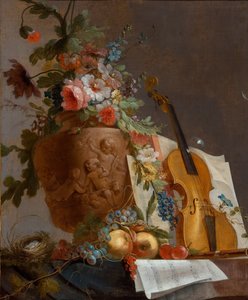 花とバイオリンのある静物c。 1750
